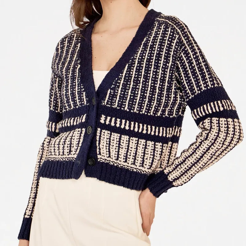 Autumn Cashmere Two-Tone Jacquard Cardigan - Navy/Sand
