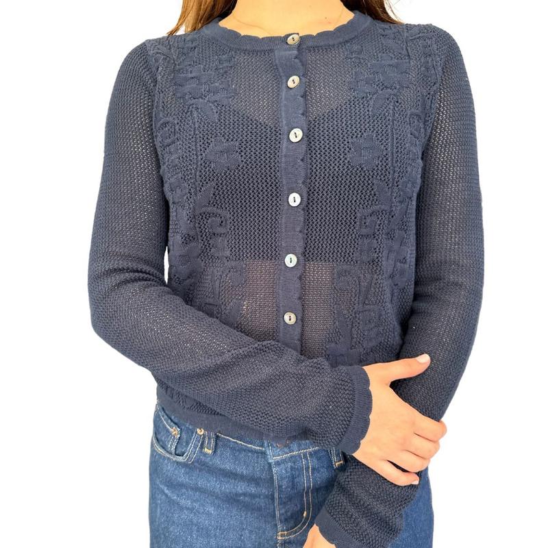 Autumn Cashmere Mesh Cardigan - Navy Floral