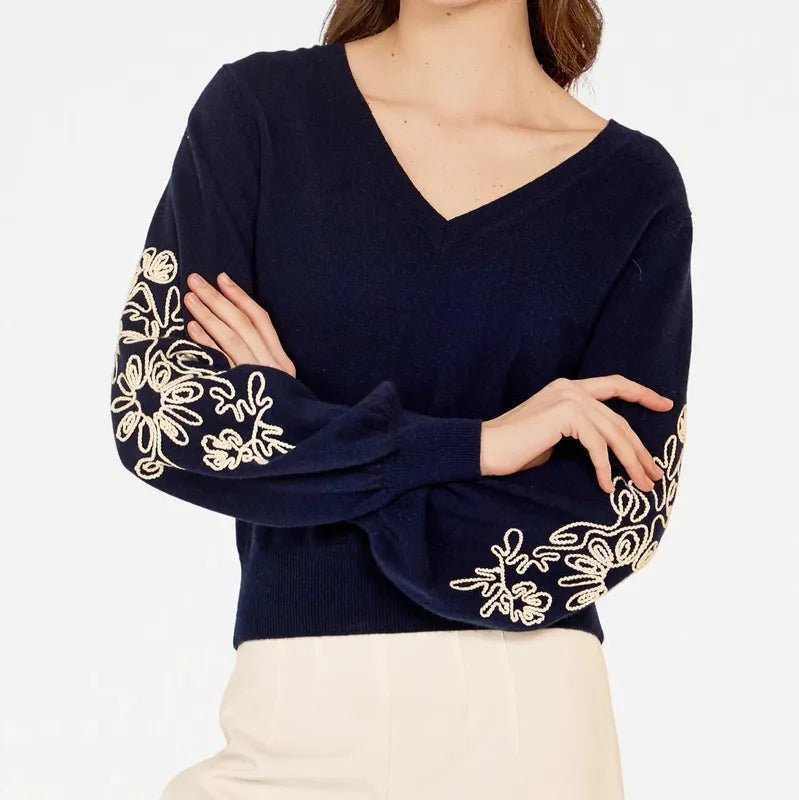 Autumn Cashmere Puff Sleeve Embroidered Sweater - Navy/Chalk