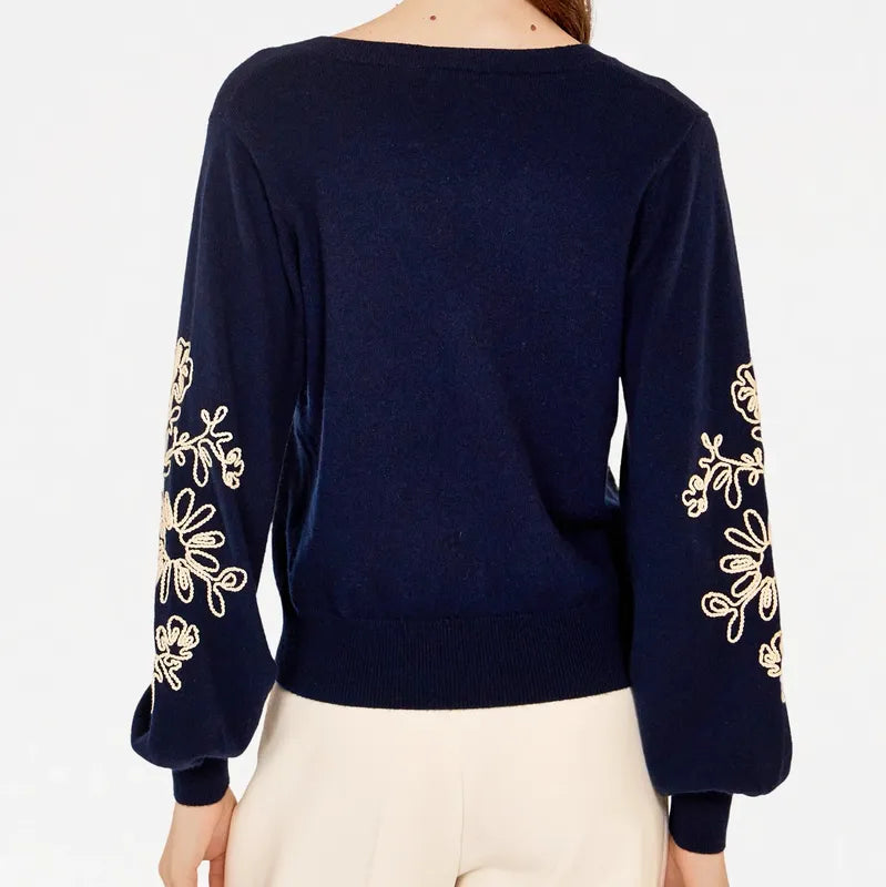 Autumn Cashmere Puff Sleeve Embroidered Sweater - Navy/Chalk