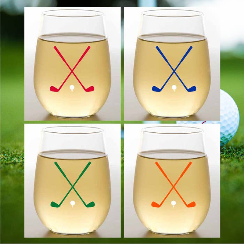 Jeweled Stemless Wine Glass- Golf Clubs & Ball