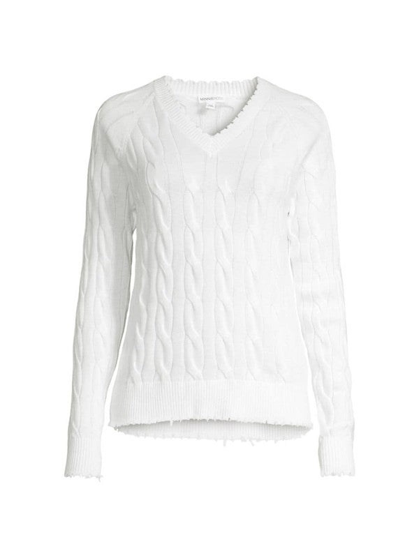 Minnie Rose Frayed Cable Sweater - White
