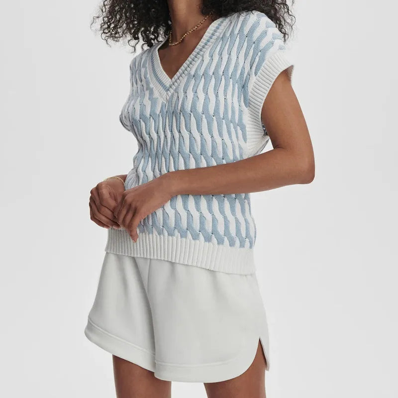 Varley Alfie Cable Knit Vest - White/Celestial Blue