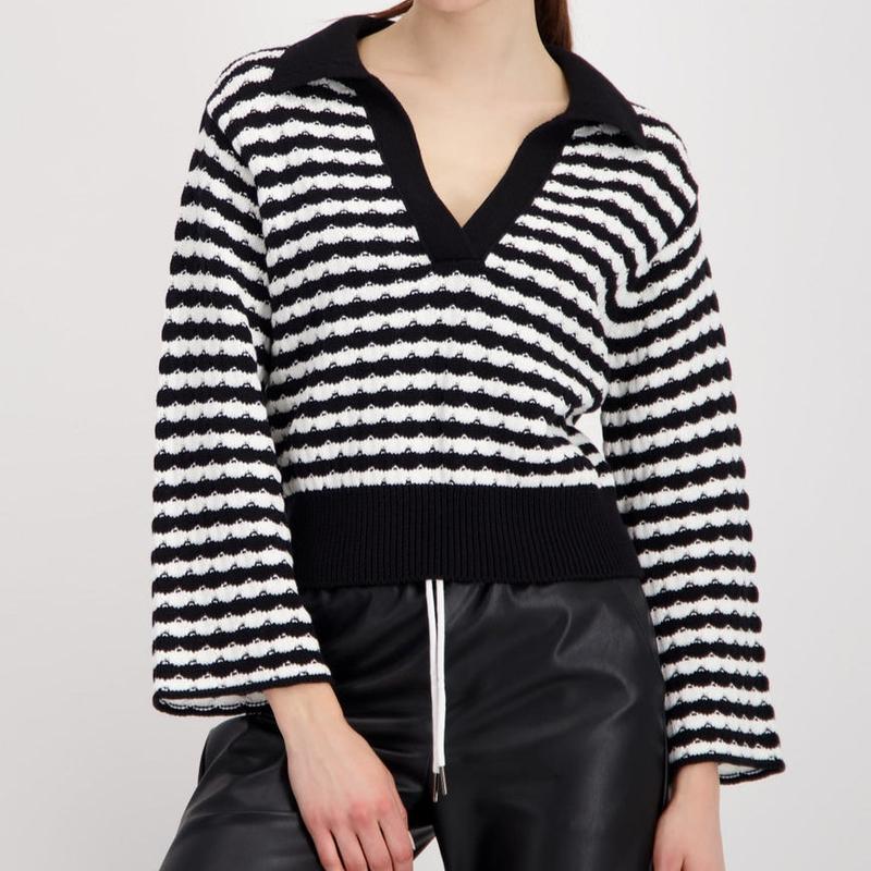 Monari Stripe Knit Polo Sweater - Black/White