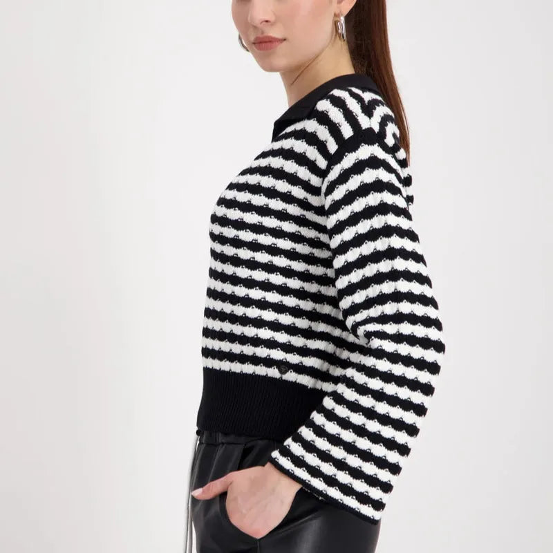 Monari Stripe Knit Polo Sweater - Black/White