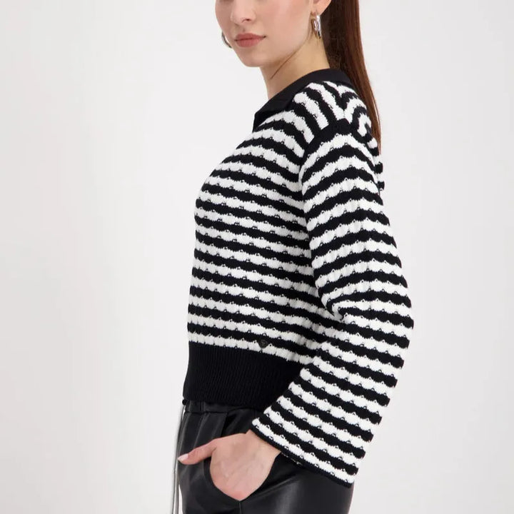 Monari Stripe Knit Polo Sweater - Black/White