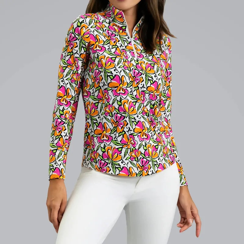 IBKUL Sonia L/S Mock - Hot PInk/Orange