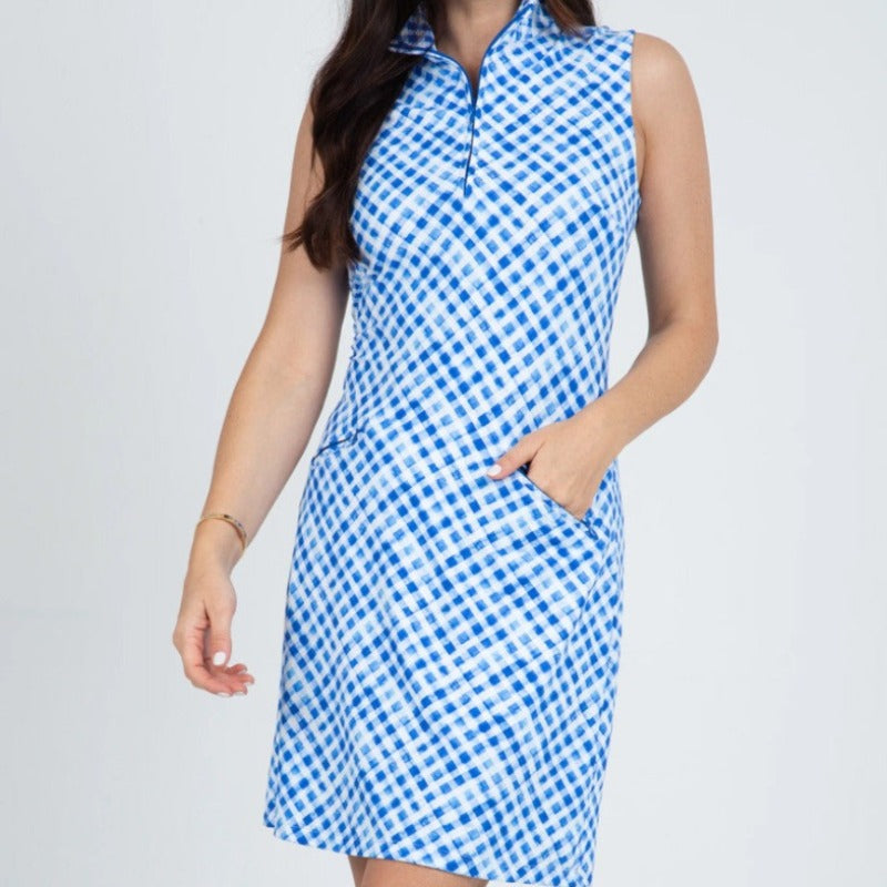 IBKUL Gingham S/L Zip Mock Neck Dress - Blue/White