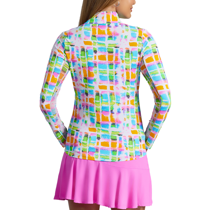 IBKUL Tatiana L/S Zip Mock Neck Top - Hot Pink/Multi
