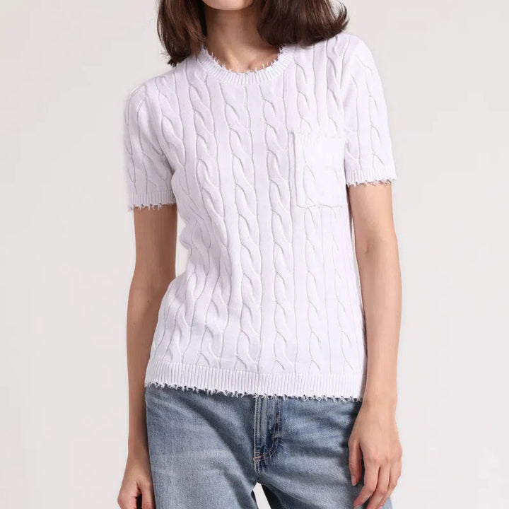 Minnie Rose Frayed Cable S/S Tee - White