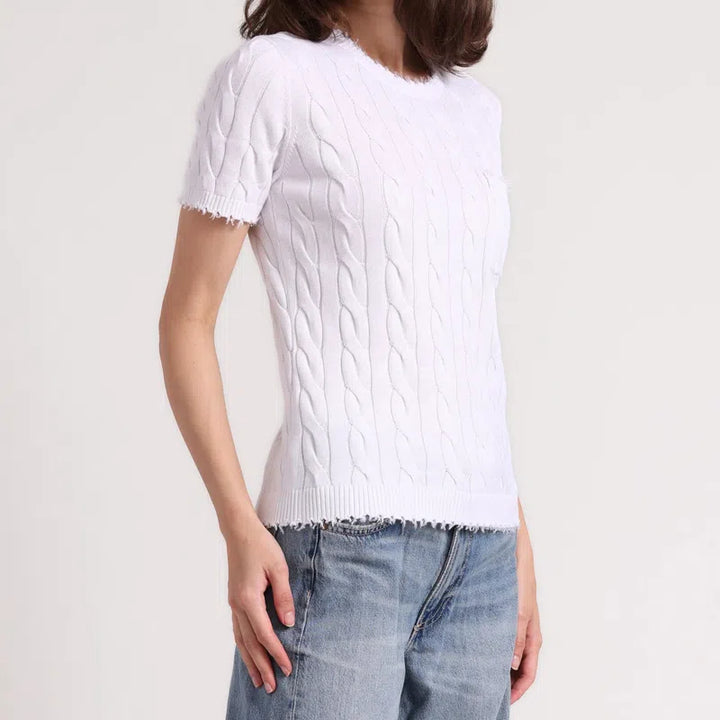 Minnie Rose Frayed Cable S/S Tee - White