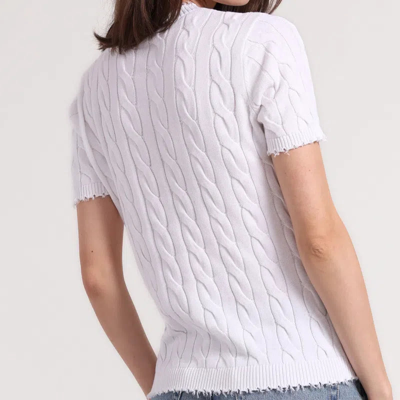 Minnie Rose Frayed Cable S/S Tee - White