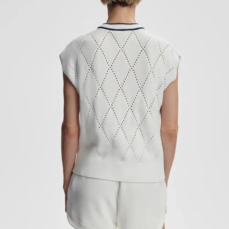 Varley Beaton Diamond Knit S/S Top - White/Blue Nights