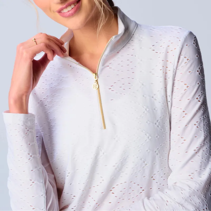 G Lifestyle L/S Eyelet Zip Mock Neck Top - White