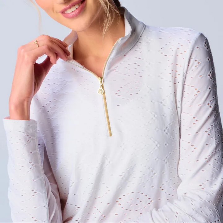 G Lifestyle L/S Eyelet Zip Mock Neck Top - White