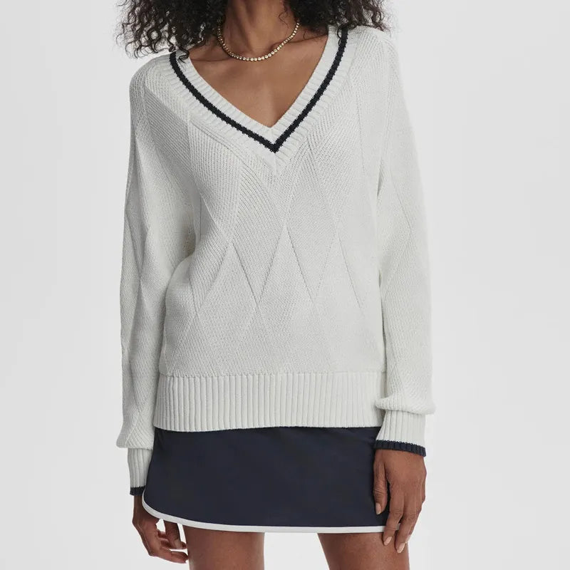 Varley Ray Diamond V-Neck Sweater - White/Blue Nights
