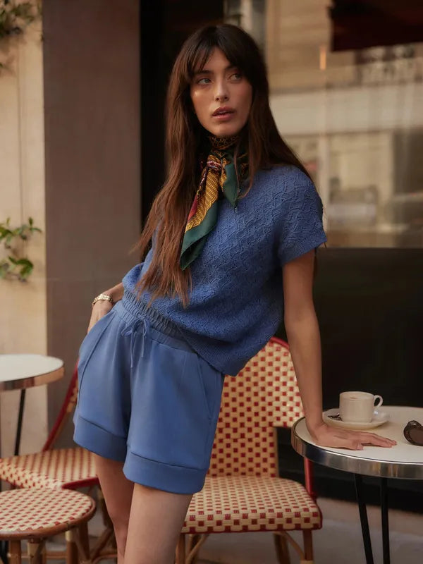 Varley Manae Pointelle Knit Top - Bijou Blue