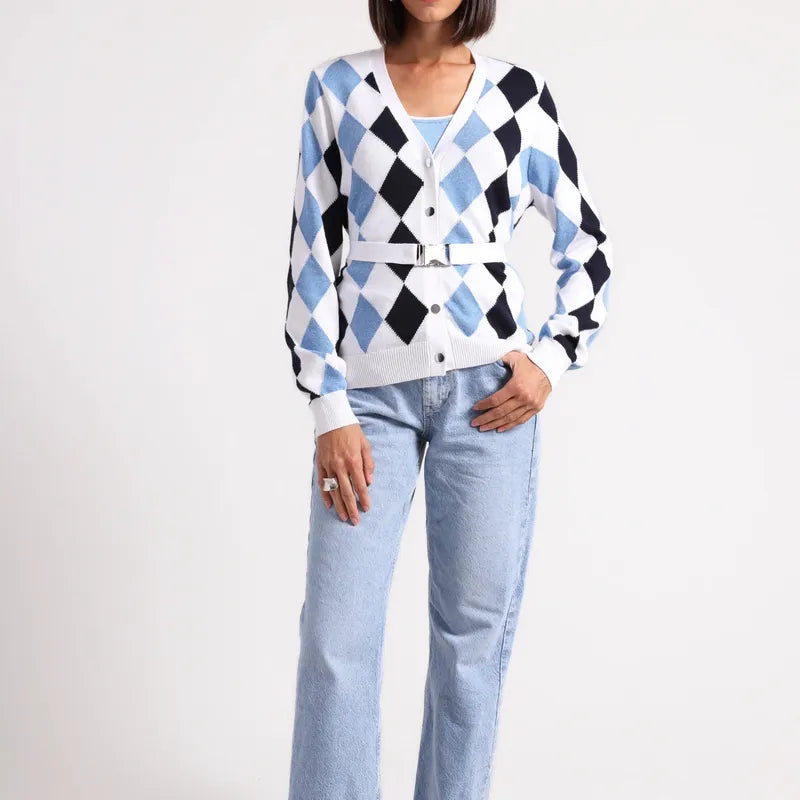 Minnie Rose Belted Argyle Cardigan - Navy/Blue/White