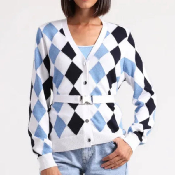 Minnie Rose Belted Argyle Cardigan - Navy/Blue/White – Open Court