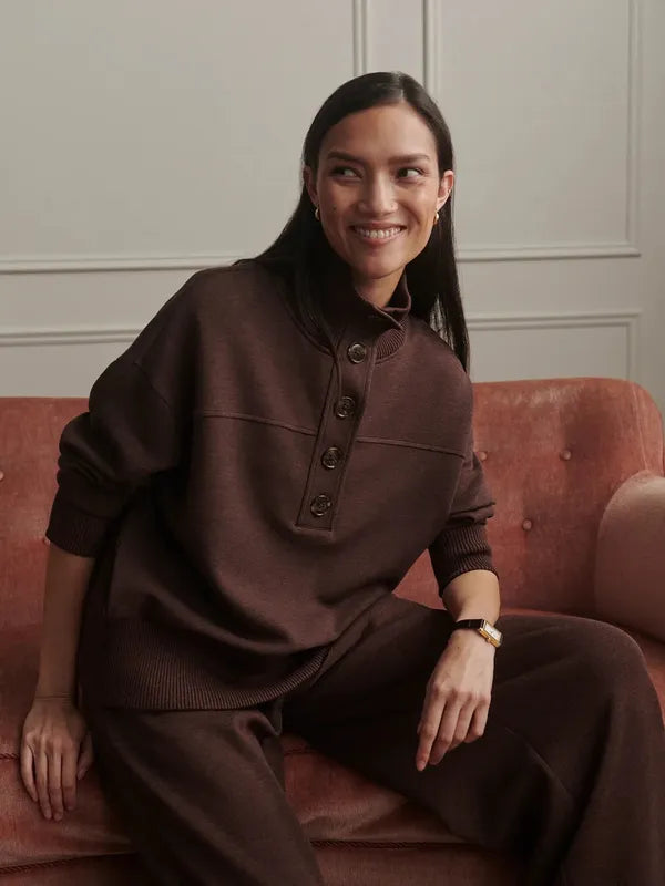 Varley Bronya Button Sweat - Coffee Bean Marl