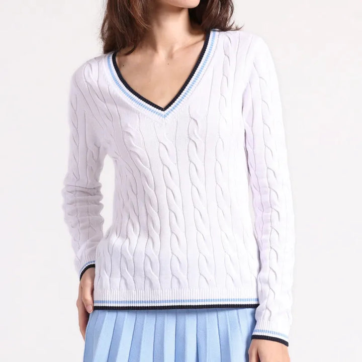 Minnie Rose Sporty V-Neck Sweater - White/Blue