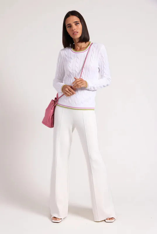 Minnie Rose Sporty Crew Neck Sweater - White/Raspberry/Lime