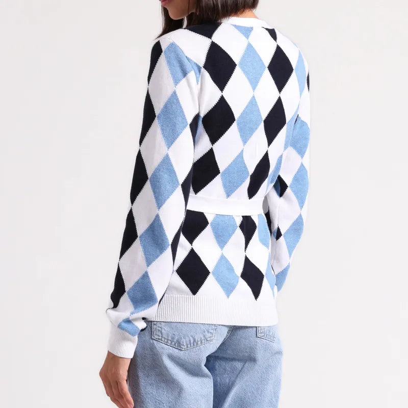 Minnie Rose Belted Argyle Cardigan - Navy/Blue/White
