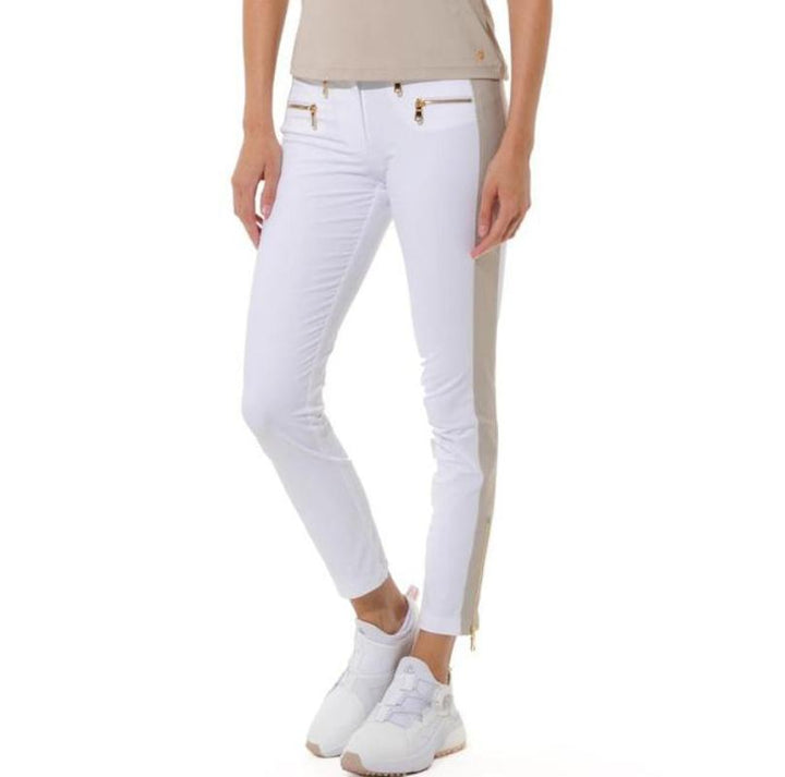 MDC Double Zip Ankle Pants - White/Light Taupe (gold zip)