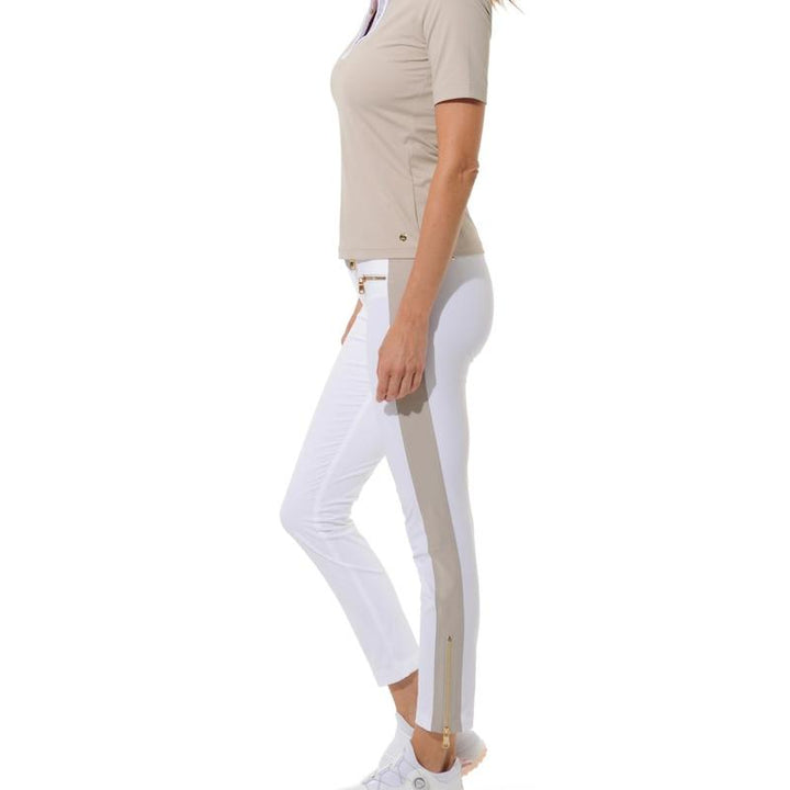 MDC Double Zip Ankle Pants - White/Light Taupe (gold zip)