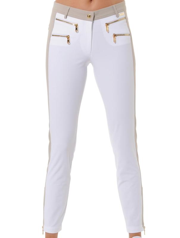 MDC Double Zip Ankle Pants - White/Light Taupe (gold zip)