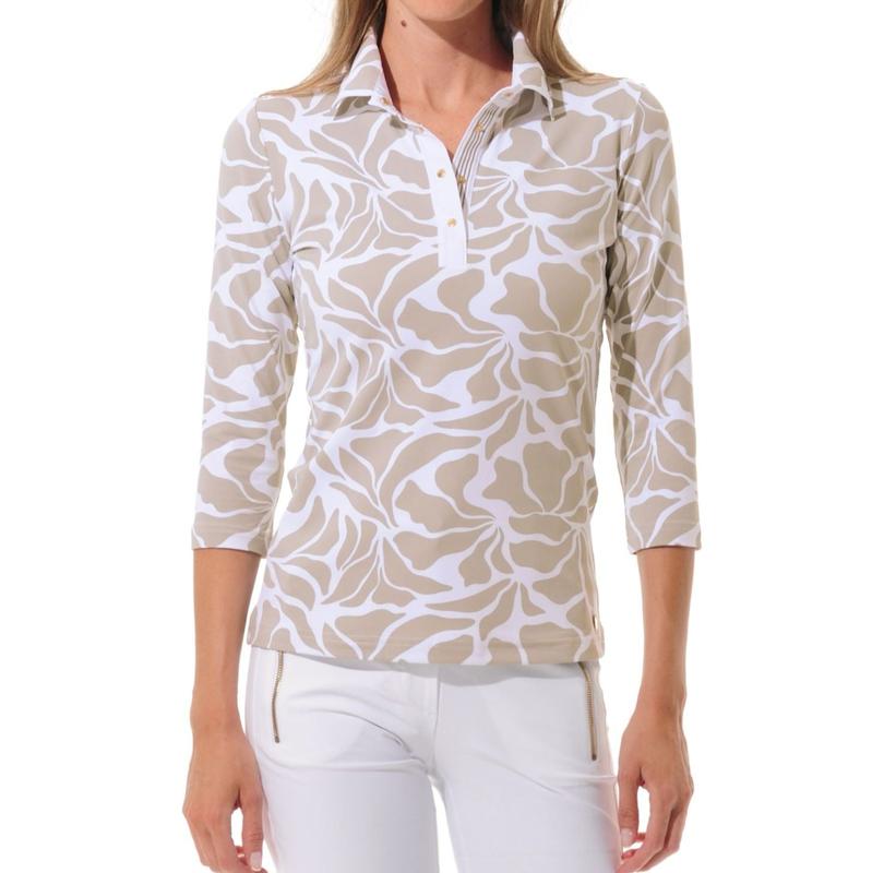 MDC Matisse Print 3/4 Sleeve Polo - Taupe/White