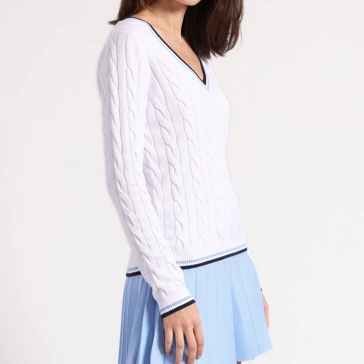 Minnie Rose Sporty V-Neck Sweater - White/Blue