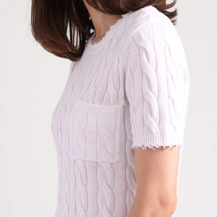 Minnie Rose Frayed Cable S/S Tee - White