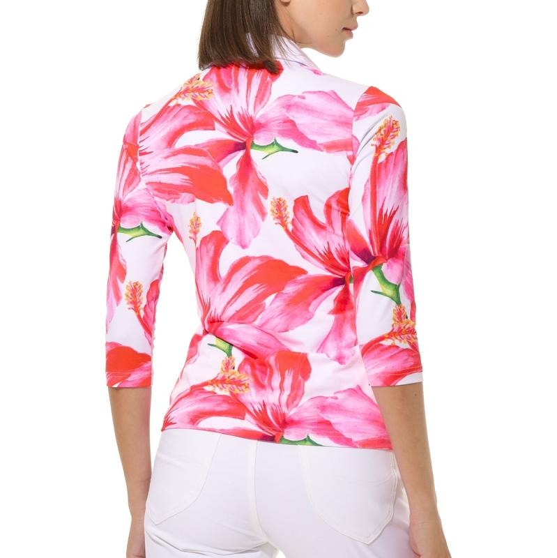 MDC 3/4 Sleeve HIbiscus Print Polo Shirt - Pink Floral