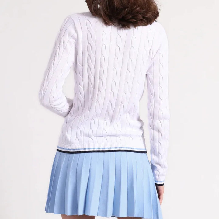 Minnie Rose Sporty V-Neck Sweater - White/Blue