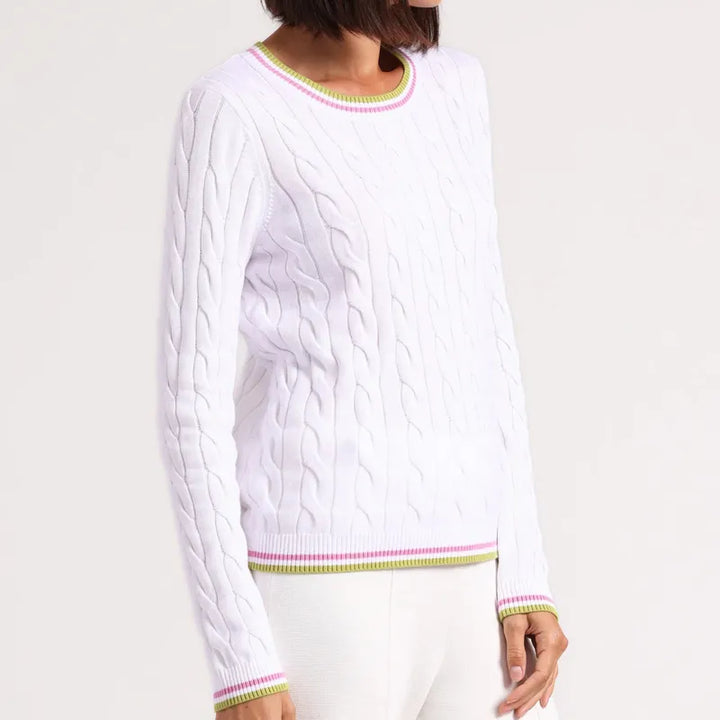 Minnie Rose Sporty Crew Neck Sweater - White/Raspberry/Lime