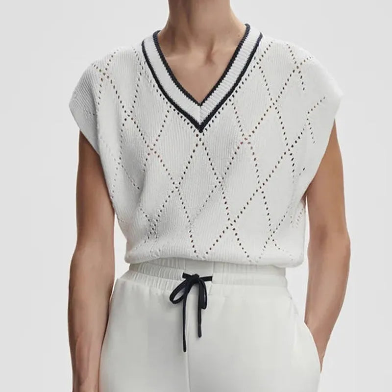 Varley Beaton Diamond Knit S/S Top - White/Blue Nights