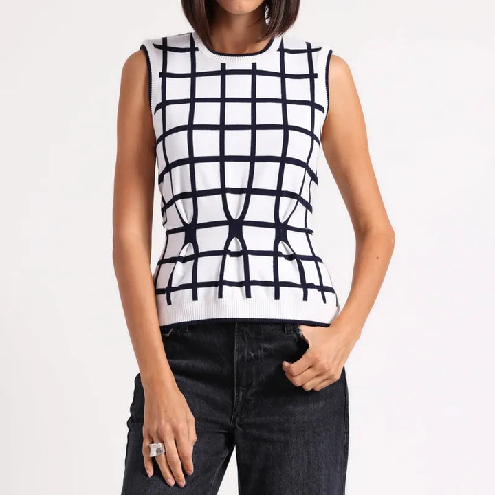Minnie Rose Check S/L Top - White/Navy