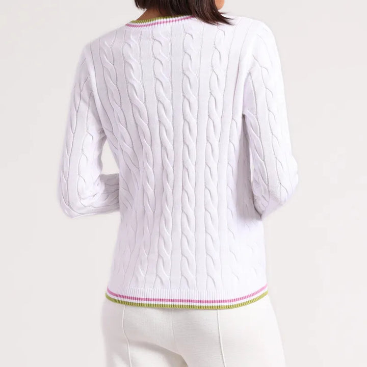 Minnie Rose Sporty Crew Neck Sweater - White/Raspberry/Lime
