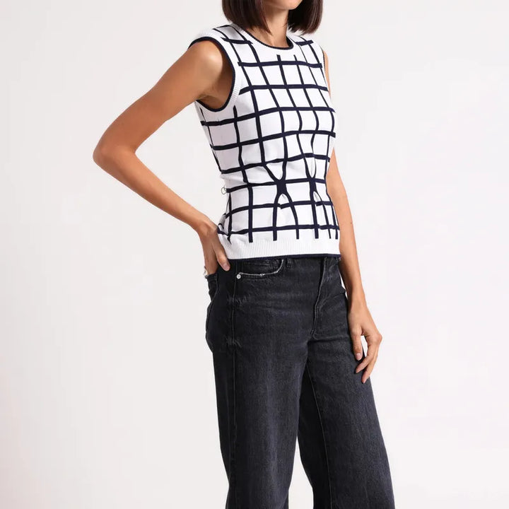 Minnie Rose Check S/L Top - White/Navy