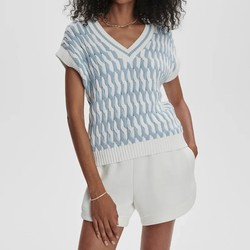 Varley Alfie Cable Knit Vest - White/Celestial Blue