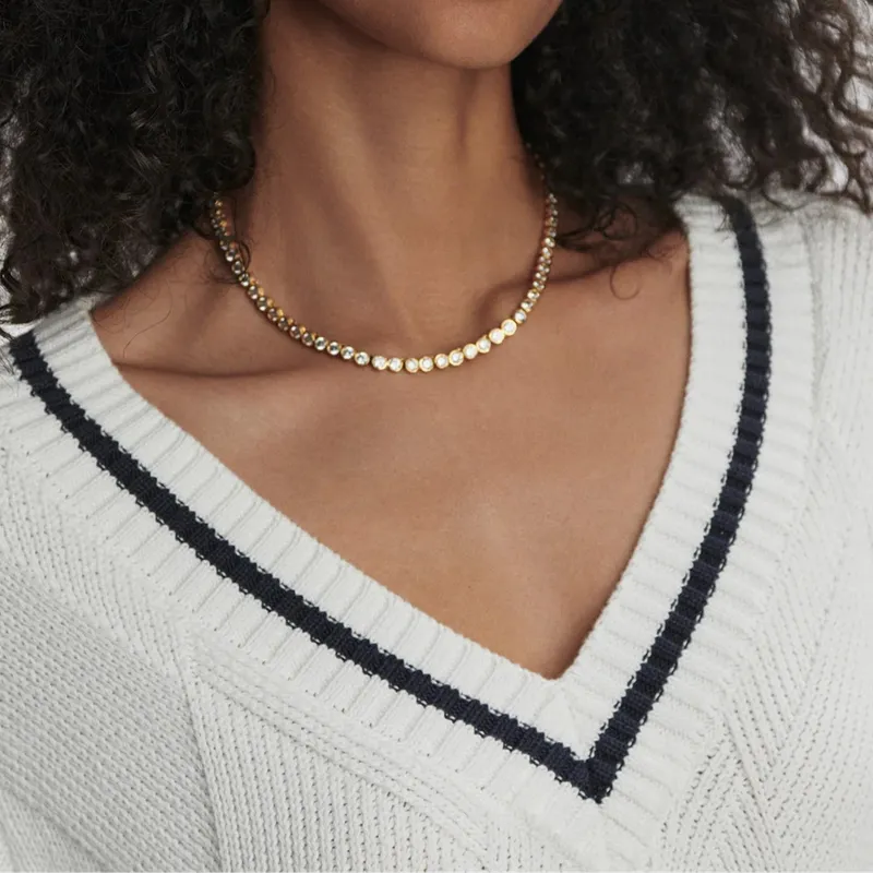 Varley Ray Diamond V-Neck Sweater - White/Blue Nights