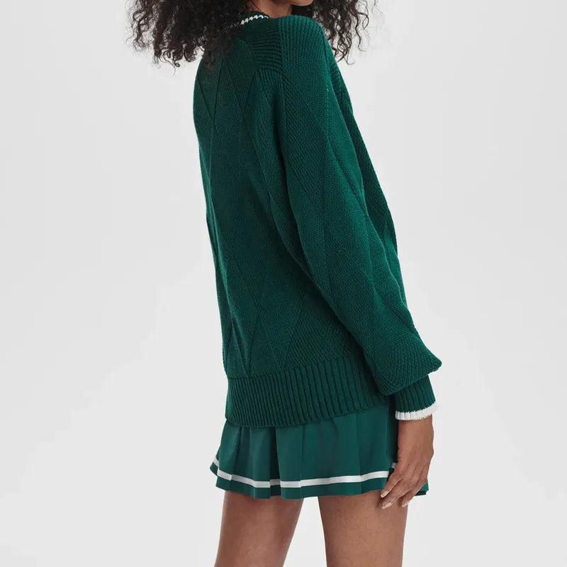 Varley Ray Diamond V-Neck Sweater - Forest/White