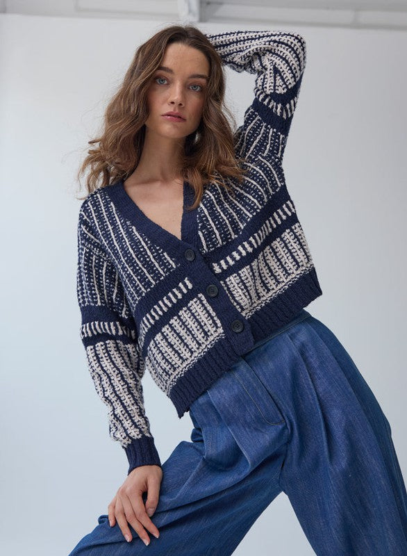 Autumn Cashmere Two-Tone Jacquard Cardigan - Navy/Sand