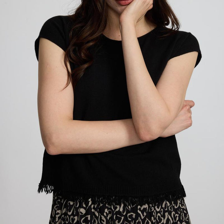 Pistache Fringe Knit Top - Black