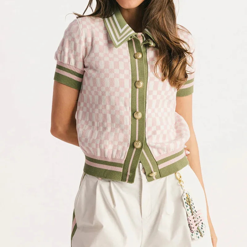 Fore All Confidence Cardigan - Pink/White Check