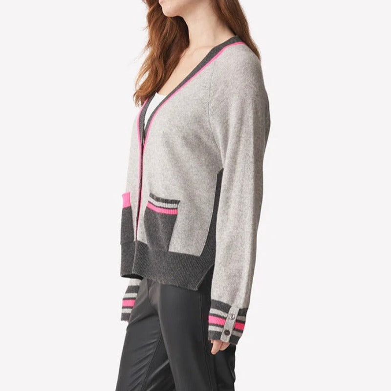 Brodie Varsity Pop Cardigan - Grey/Neon Pink