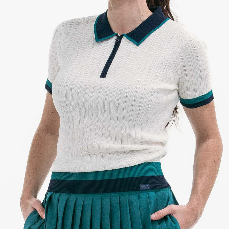 Foray Golf S/S Cable Knit Polo - White/Navy/Green