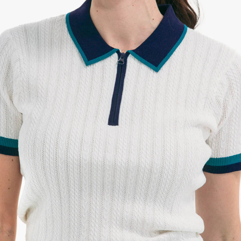 Foray Golf S/S Cable Knit Polo - White/Navy/Green