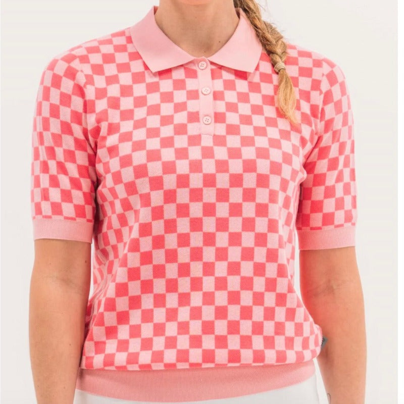 Foray Golf Checkered Knit S/S Polo - Coral